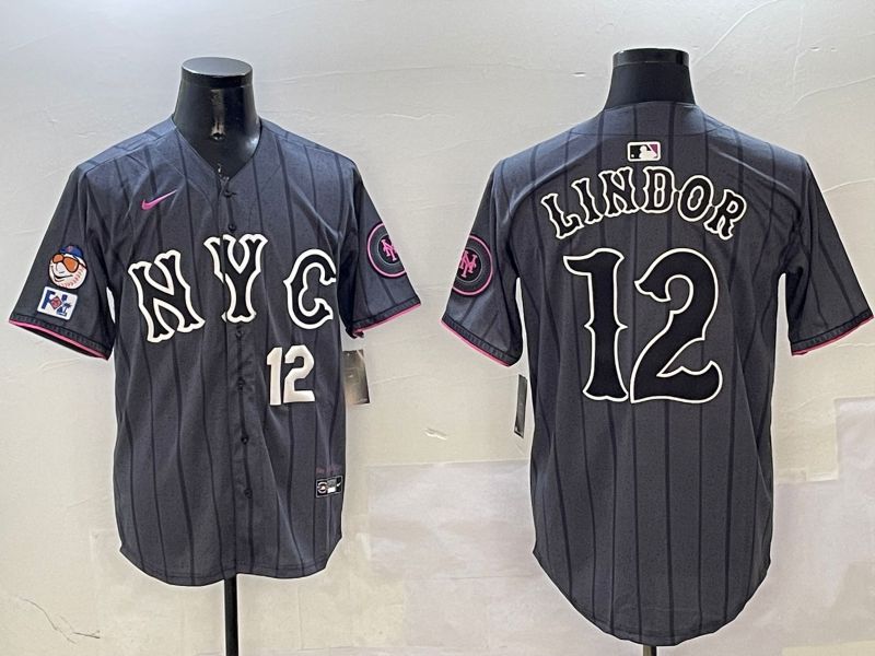 Men New York Mets 12 Lindor Black City Edition 2025 Nike MLB Jersey style 4